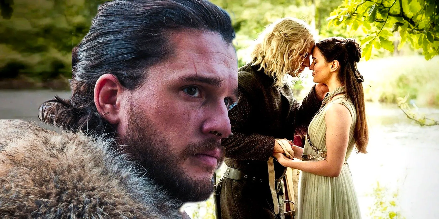 Collage of Rhaegar Targaryen marrying Lyanna Stark behind a closeup of Jon Snow in Game of Thrones Image