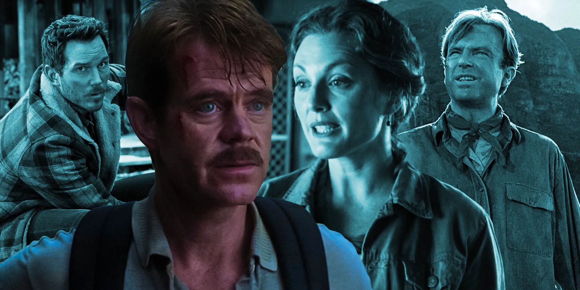 Collage of Sam Neill, Julianne Moore, William H. Macy and Chris Pratt in various Jurassic Park movies Image