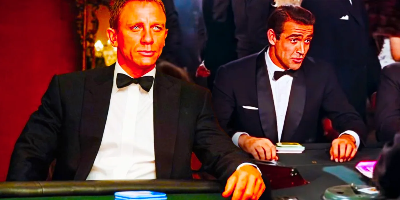 Collage of Sean Connery as James Bond playing baccarat in Dr. No and Daniel Craig as 007 playing poker in Casino Royale. Image