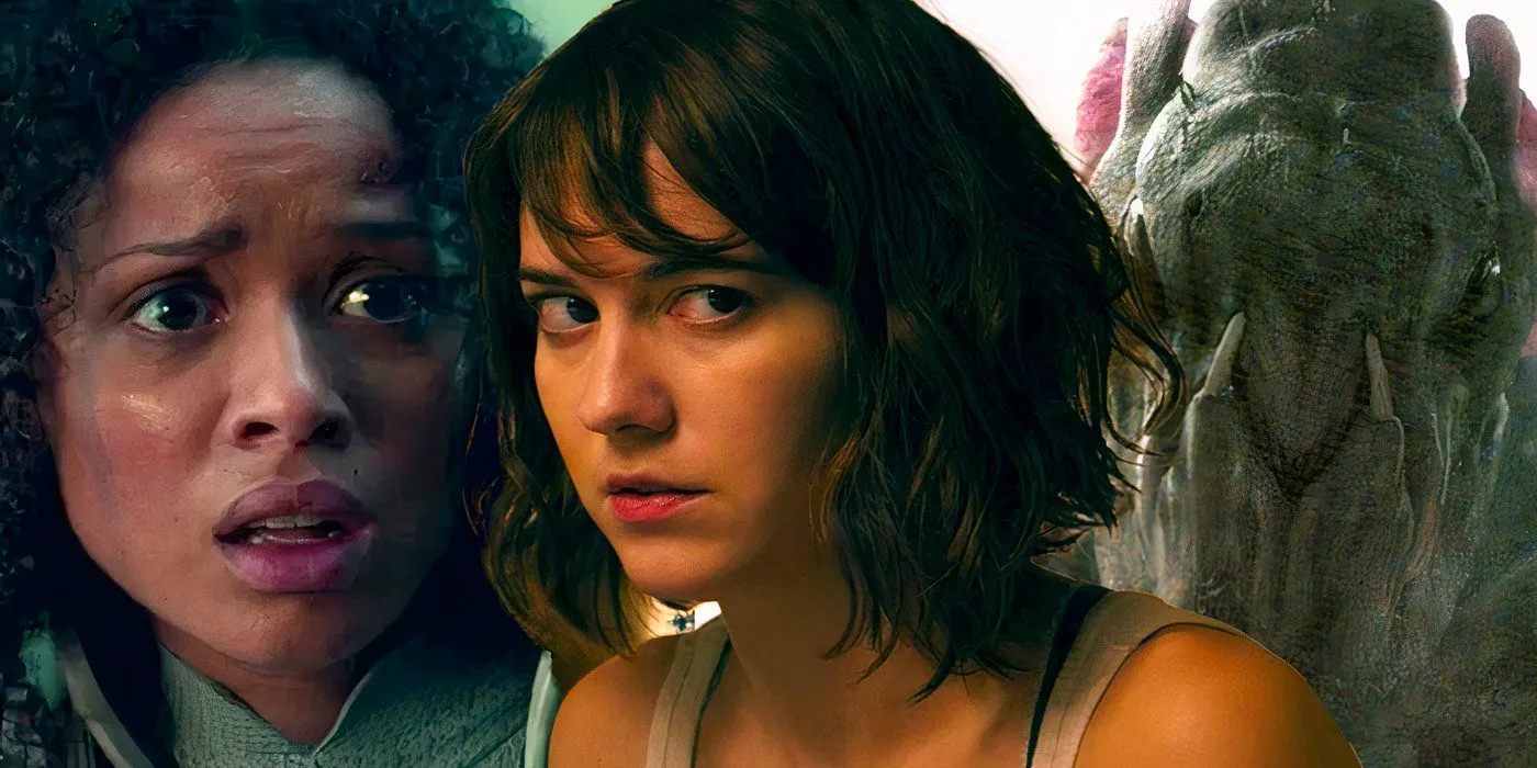 Collage of The Cloverfield Monster, Michelle from 10 Cloverfield Lane, and a scared Ava from The Cloverfield Paradox Image