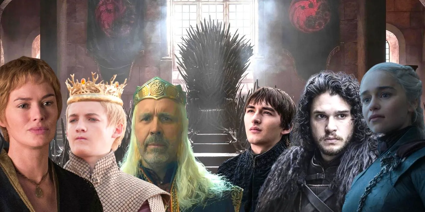 Collage of The Iron Throne, with Daenerys, Jon Snow, Bran, King Viserys from HOTD, Joffrey Baratheon, and Cersei Lannister in the foreground Image