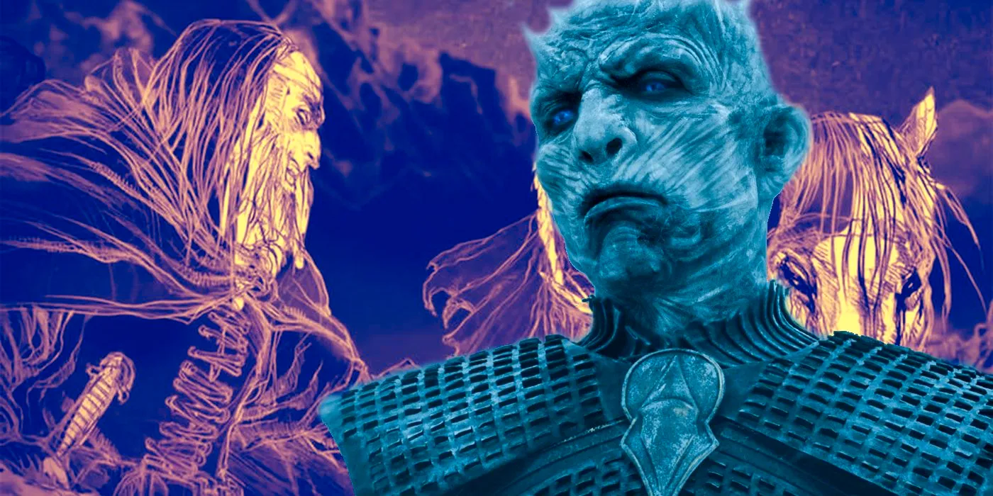 Collage of the Night King from Game of Thrones and a drawing of the Night's King from A Song of Ice and Fire. Image