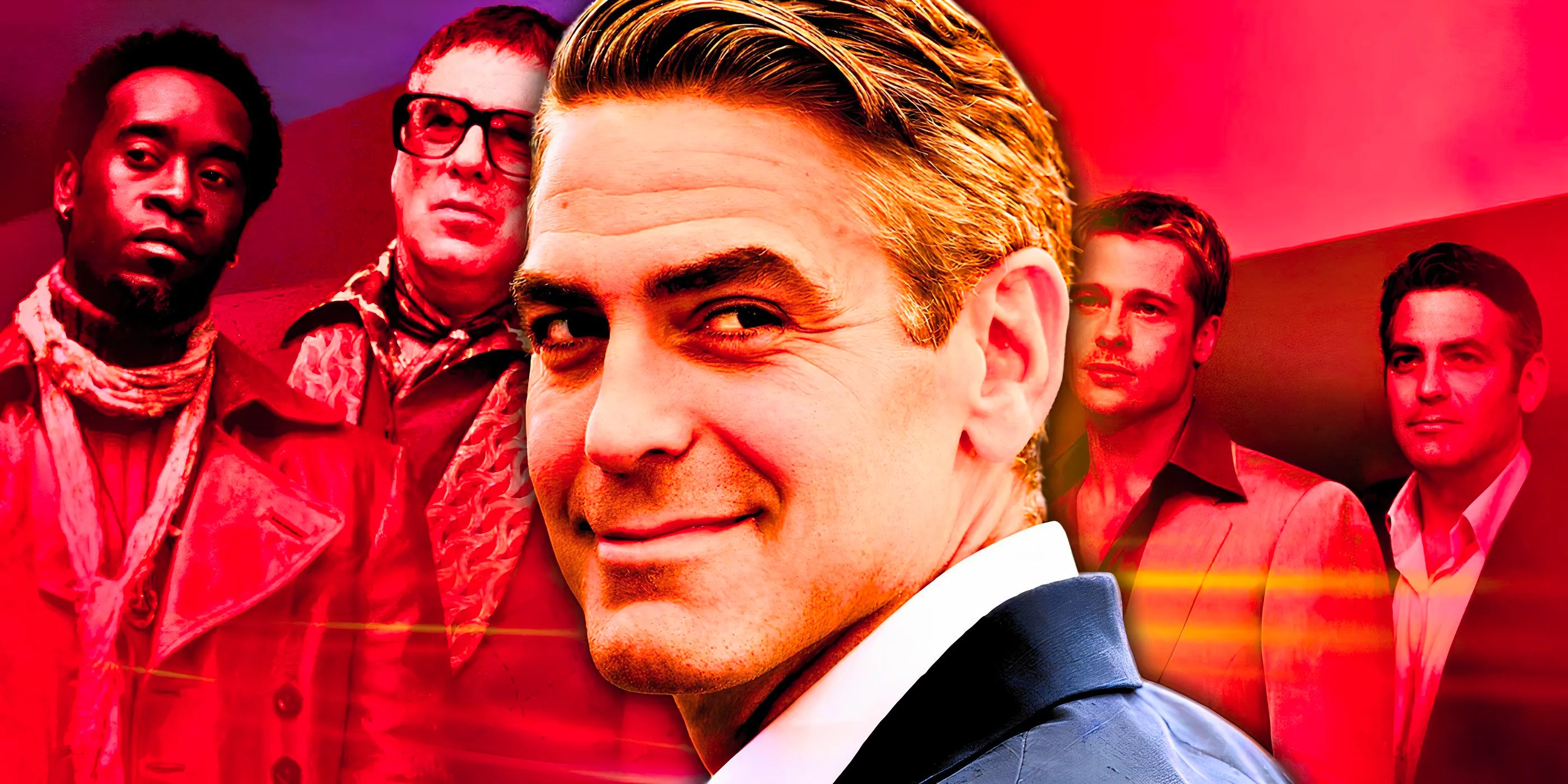 Collage of the Ocean's 11 cast with a closeup of George Clooney in front of them. Image