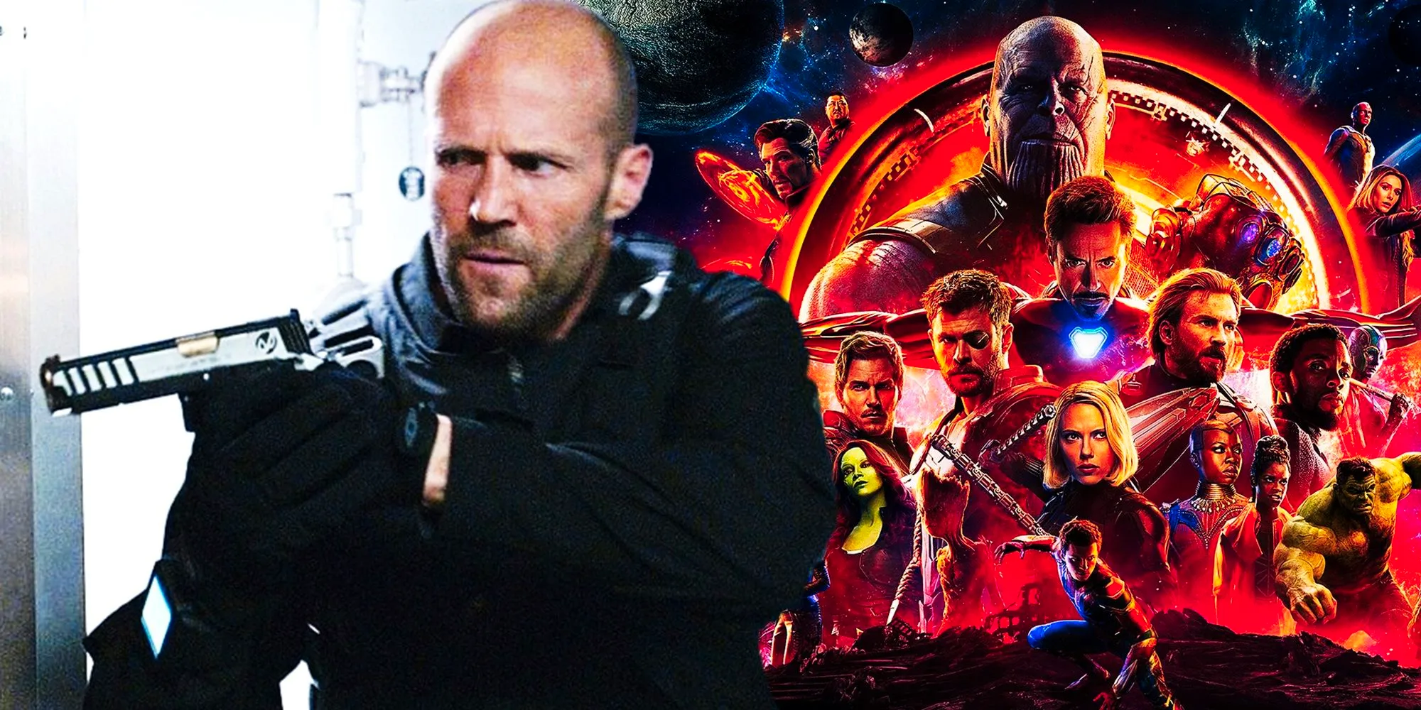 Collage of the poster for Avengers Infinity War and Jason Statham in The Fate of the Furious Image