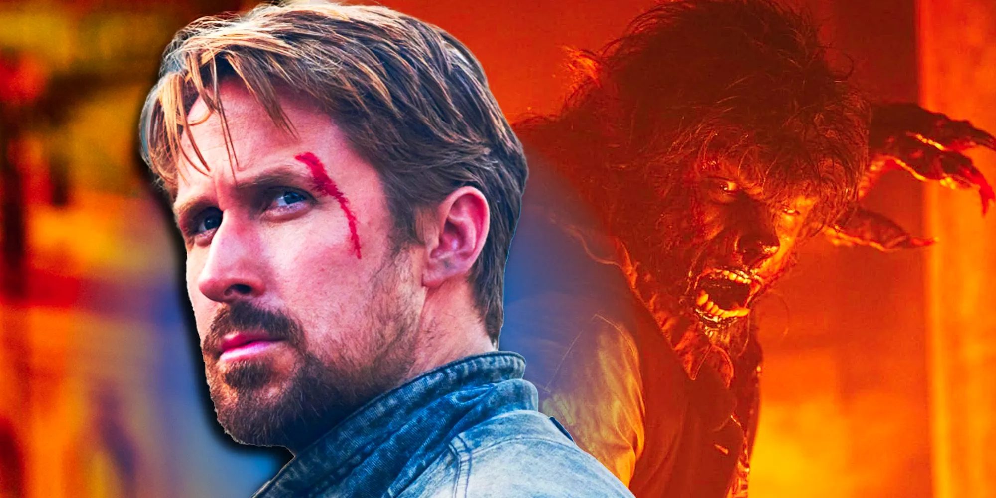 Collage of The Wolfman from the 2010 Universal movie and Ryan Gosling in a denim jacket with a cut on his face Image