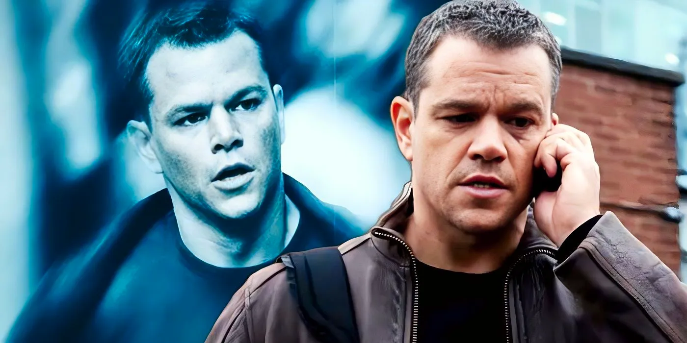 Collage of two shots of Matt Damon as Jason Bourne in the Bourne movies Image