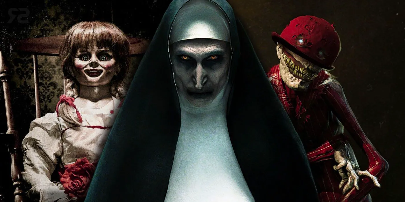 Collage of various villains from The Conjuring Universe, including the Nun and Annabelle Image