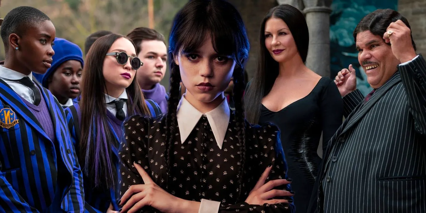 Collage of Wednesday, Morticia and Gomez and her classmates in Wednesday. Image