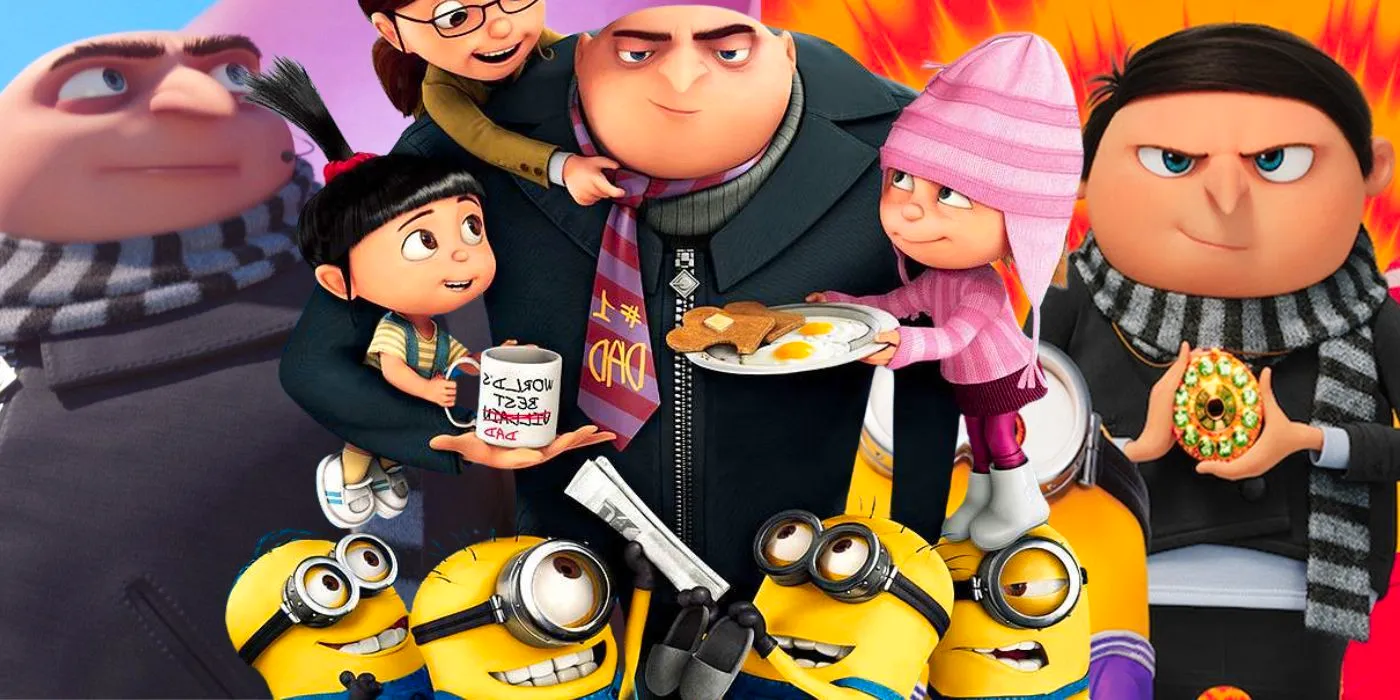 Collage of young Gru, Minions, older Gru, and his kids in Despicable Me Image