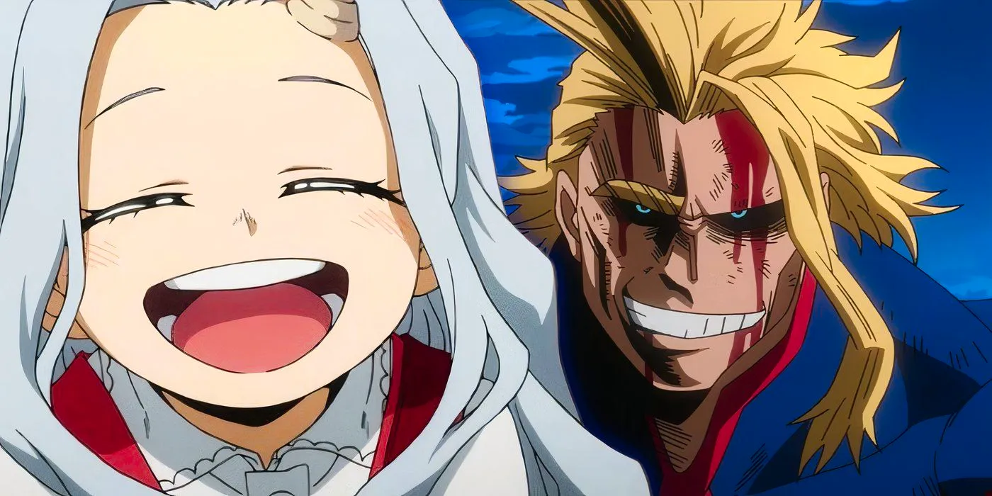 Collage style image featuring official artwork of All Might from My Hero Academia and Eri smiling Image