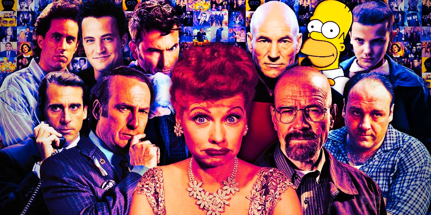 Collage with characters from I Love Lucy, Breaking Bad, BCS, The Office, Seinfeld, Friends, Doctor Who, Star Trek, Simpsons, and Stranger Things Image