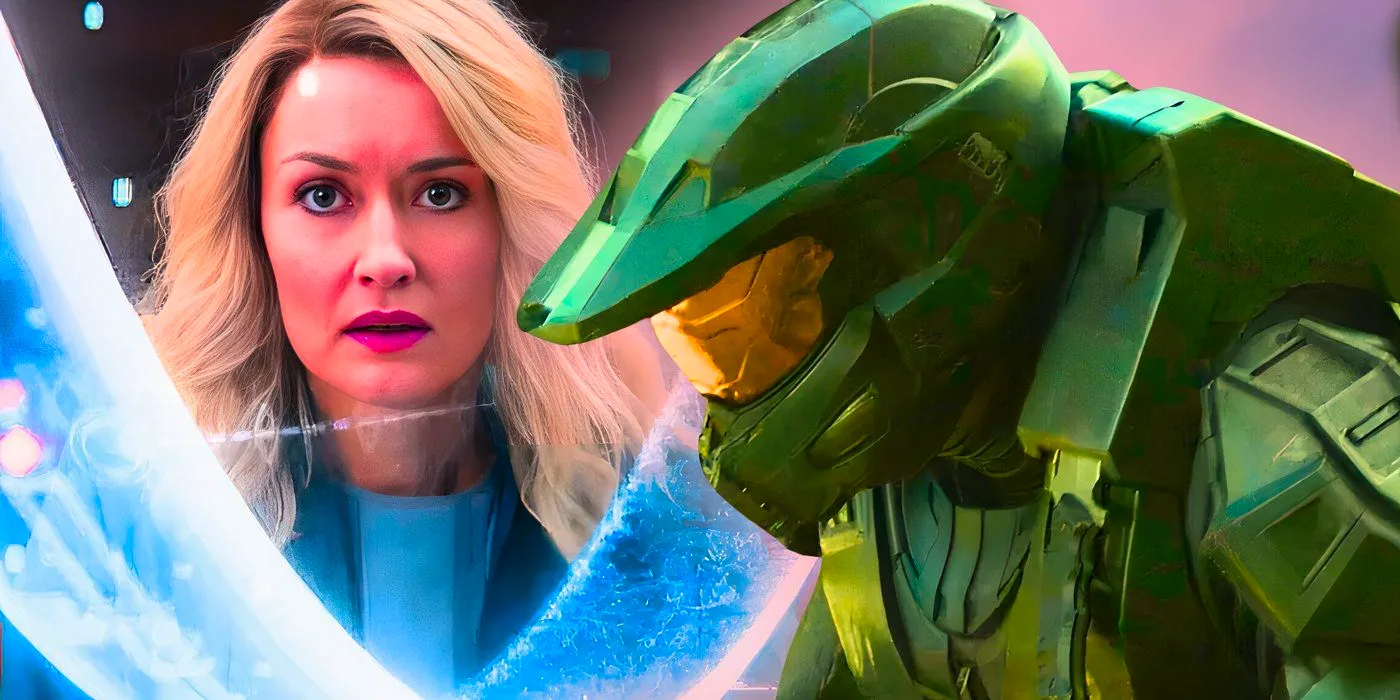 Collaged image of Master Chief (Pablo Schreiber) in the Spartan armor with Dr. Halsey (Natascha McElhone) looking worried as she evaluates the halo diagram in Halo season 2 Image