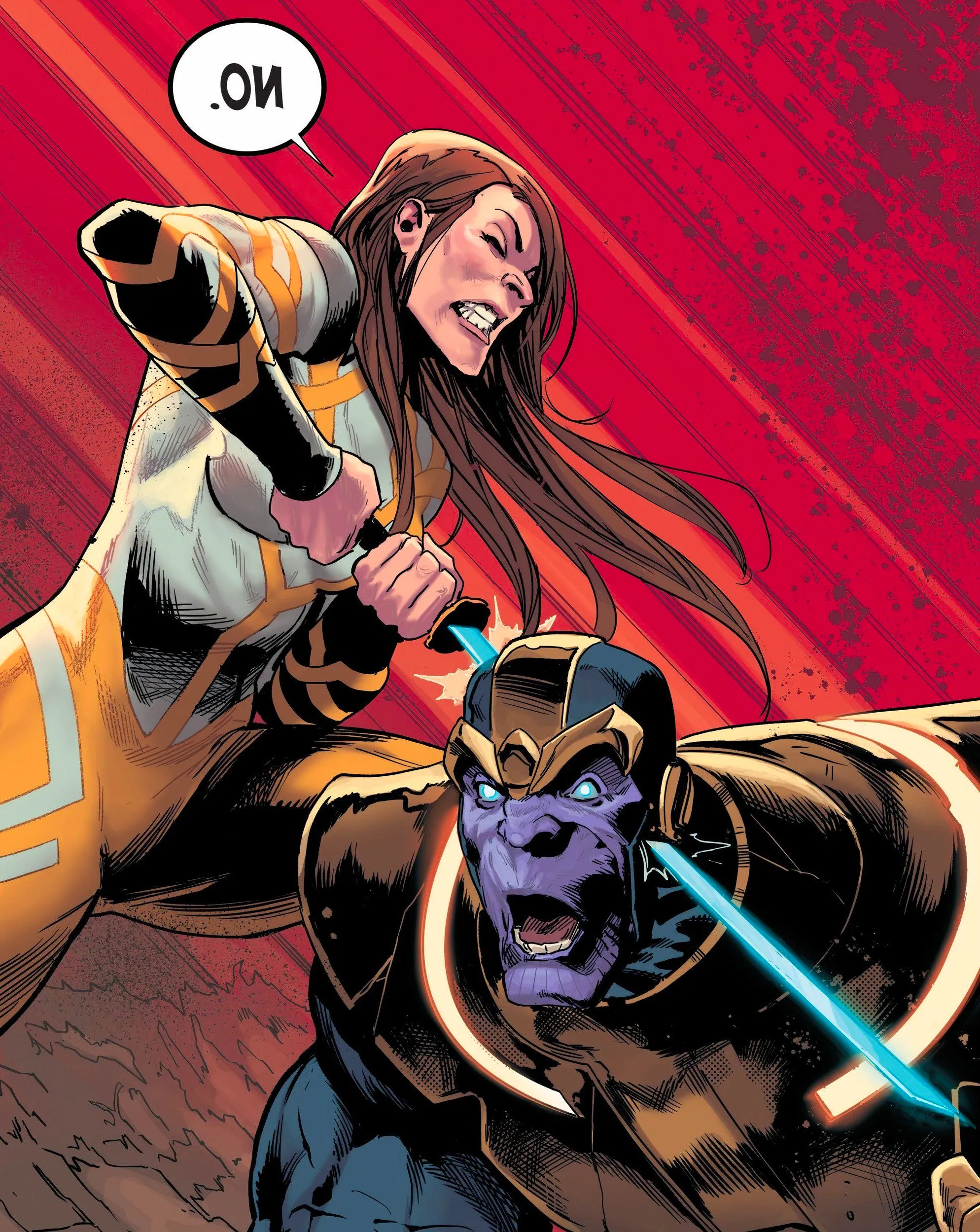 Colleen Wing stabs Thanos to take away the Mind Stone. Image