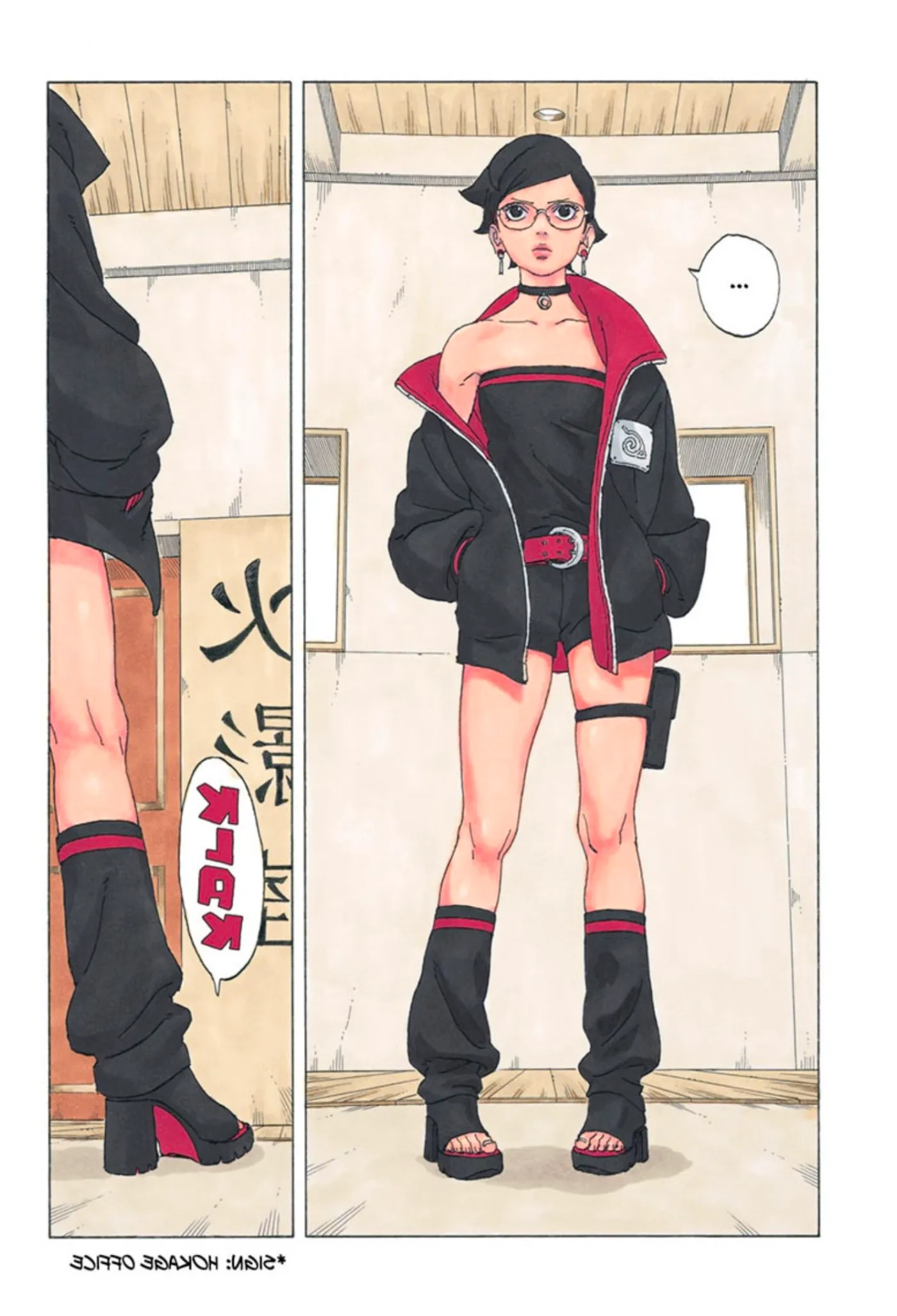 Colored manga panel from Boruto Part 2 shows Sarada approaching the Hokage office in her new outfit with high heels, short shorts, and a large black jacket. Image