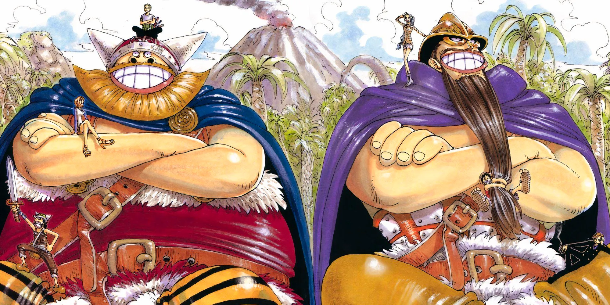 Colored One Piece manga double spread from Little Garden arc shows Giants Brogy and Dorry sitting next to each other while Straw Hat Crew members Luffy, Zoro, usopp, Sanji, and Nami are positioned all over the Giants. Image