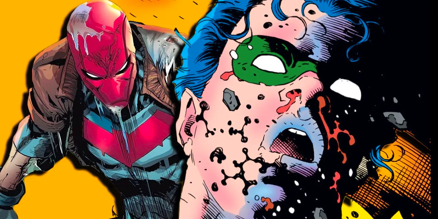 Comic book art: a beaten up Robin Jason Todd in front of Red Hood looking angry. Image