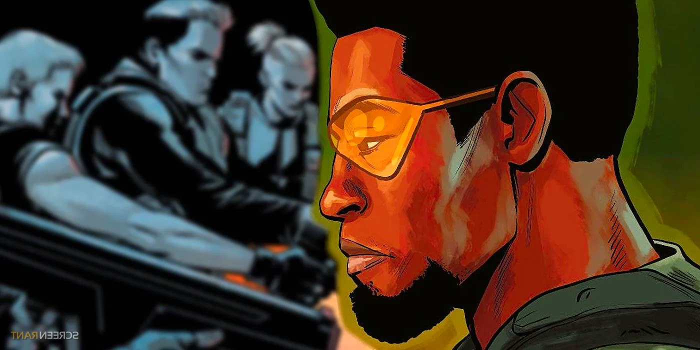 Comic book art: a Black man in yellow glasses looks somberly at a group of blurred people holding guns. Image