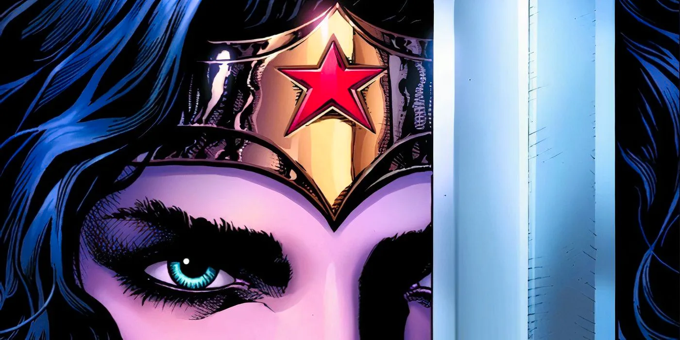 Comic book art: a close up of Wonder Woman's eyes and tiara with a sword blocking her left eye. Image