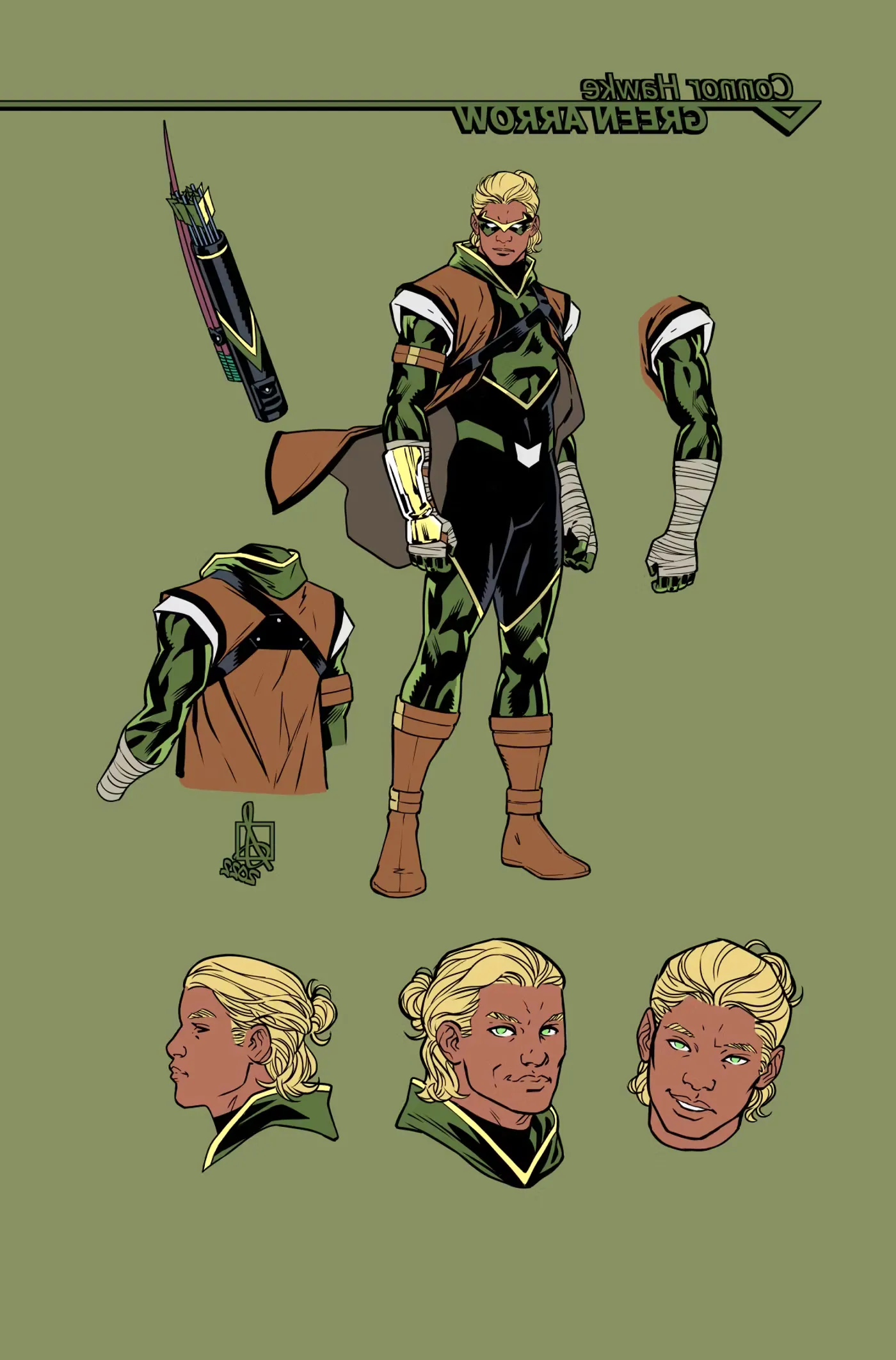 Comic book art: a design sheet for the character Connor Hawke, who serves as Green Arrow. Image