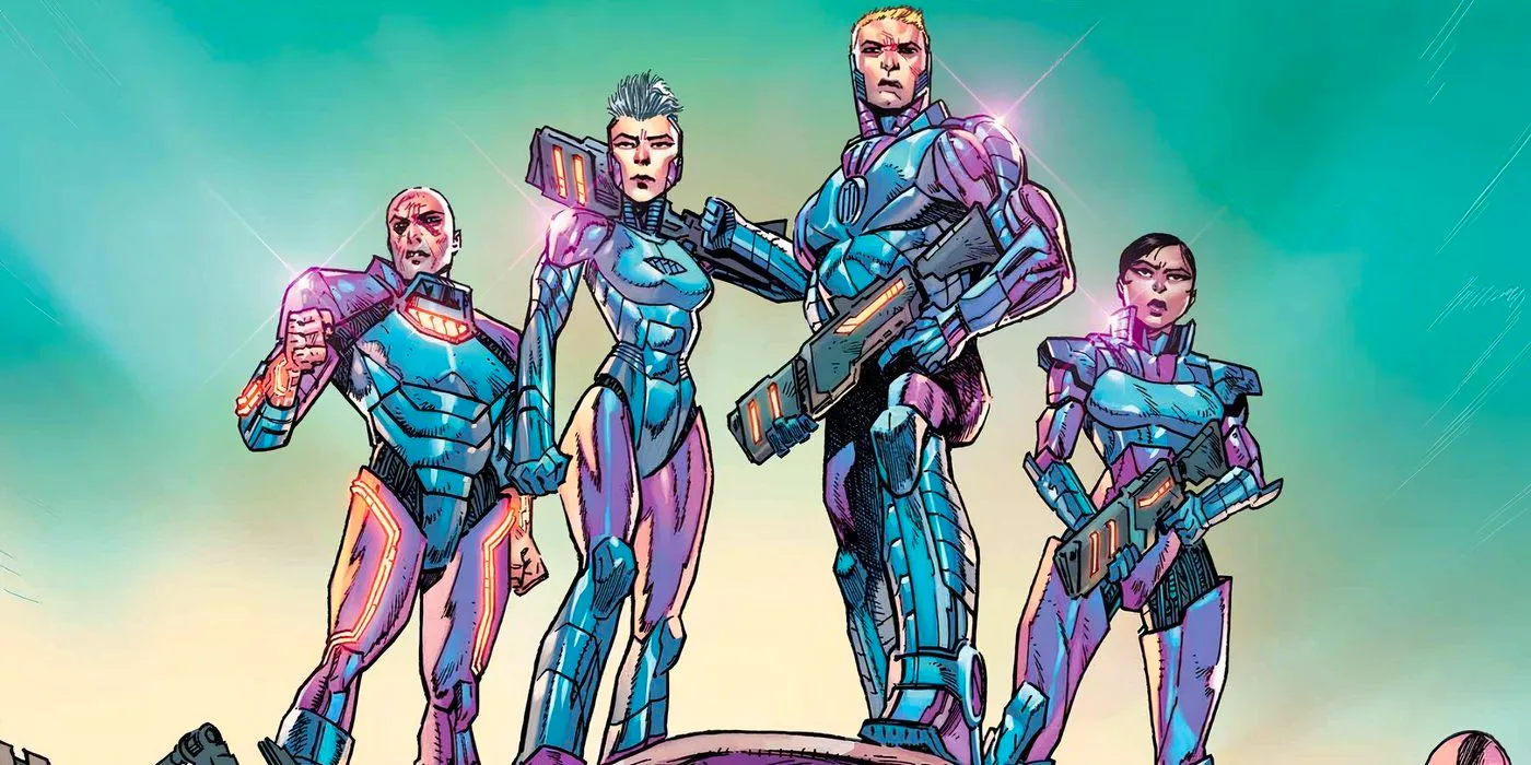 Comic book art: a new Sentinels team poses in blue and purple armor. Image