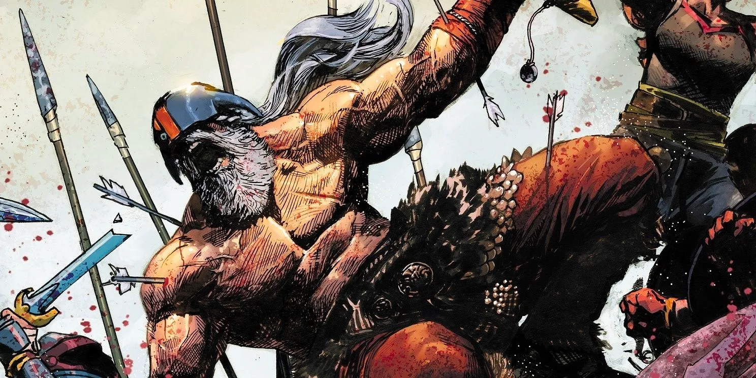 Comic book art: a shirtless viking Deathstroke leaps into battle, roaring. Image