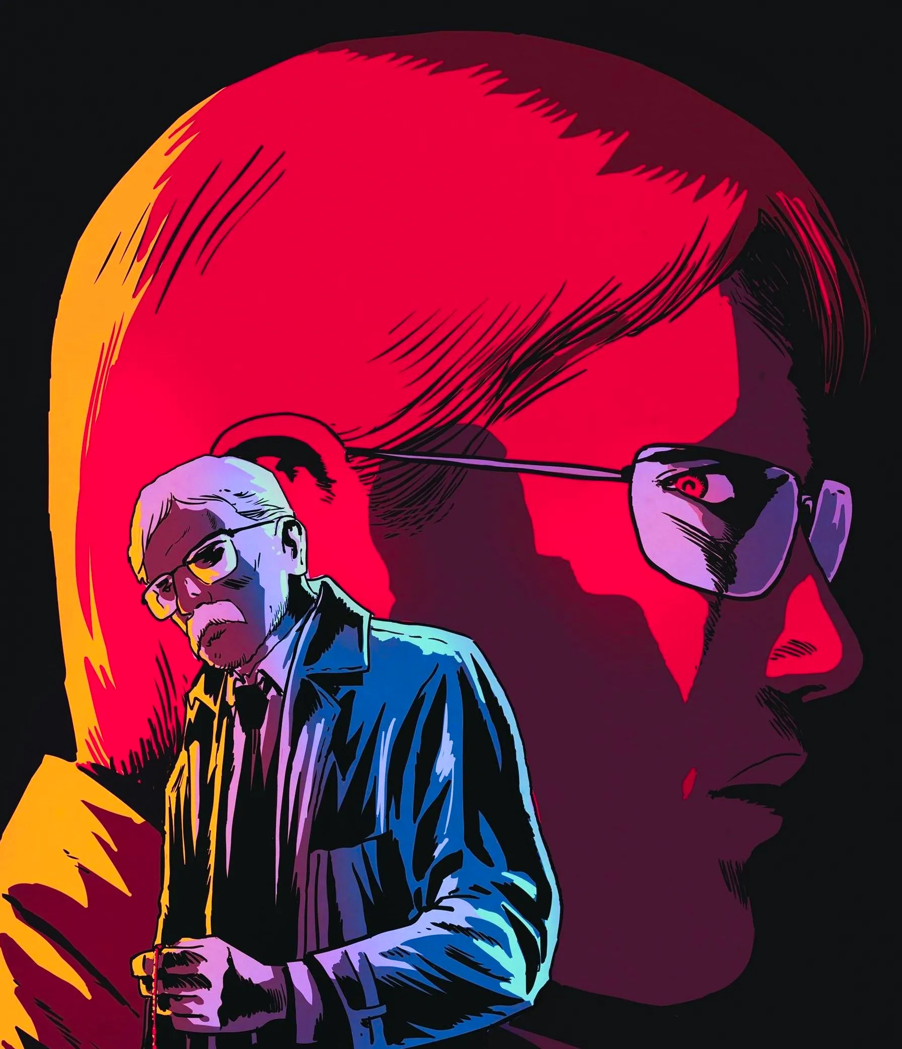 Comic book art: a small version of Commissioner Jim Gordon stands in front of a large red profile of his son, James Gordon Jr. Image