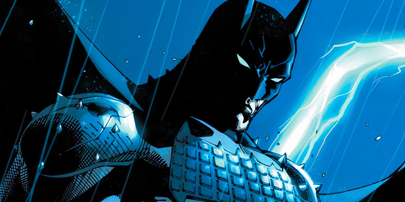 Comic book art: Absolute Batman stands in front of a bolt of lightning in the rain Image