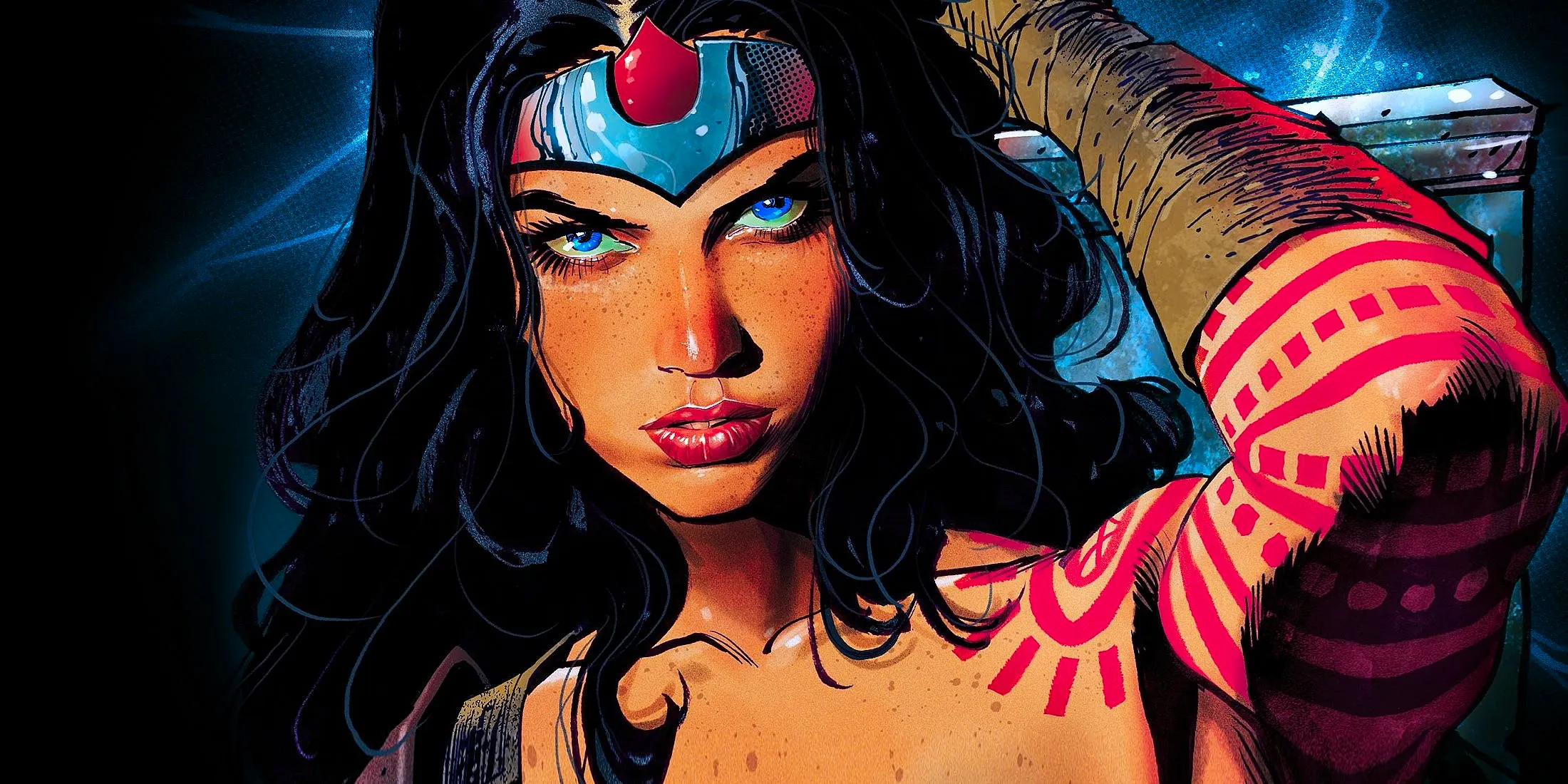 Comic book art: Absolute Wonder Woman looks directly at the viewer. Image