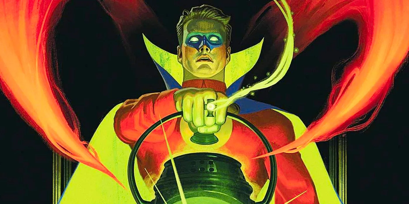 Comic book art: Alan Scott as Green Lantern holding his lantern. Image