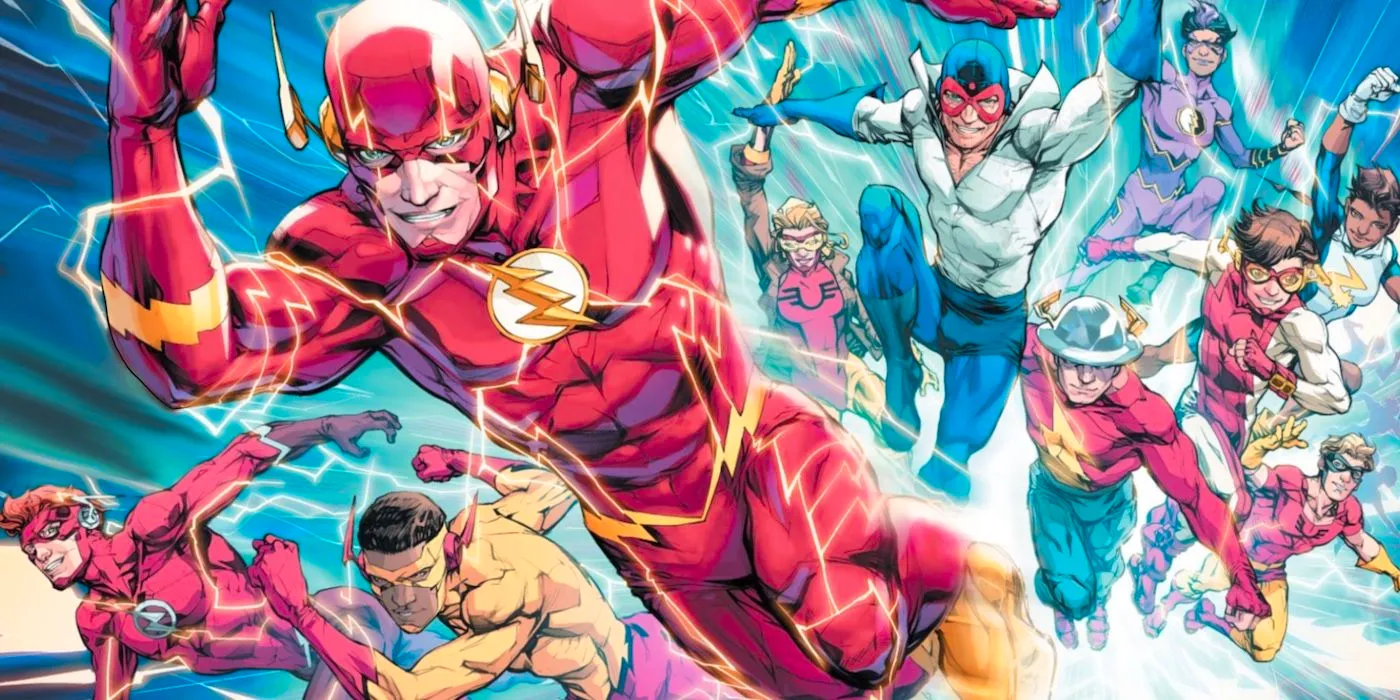 Comic book art: Barry Allen's Flash leads the Flash Family in a run. Image