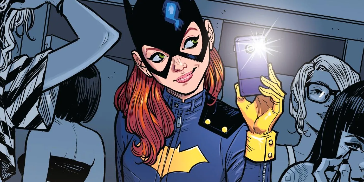 Comic book art: Batgirl smiles and takes a mirror selfie. Image