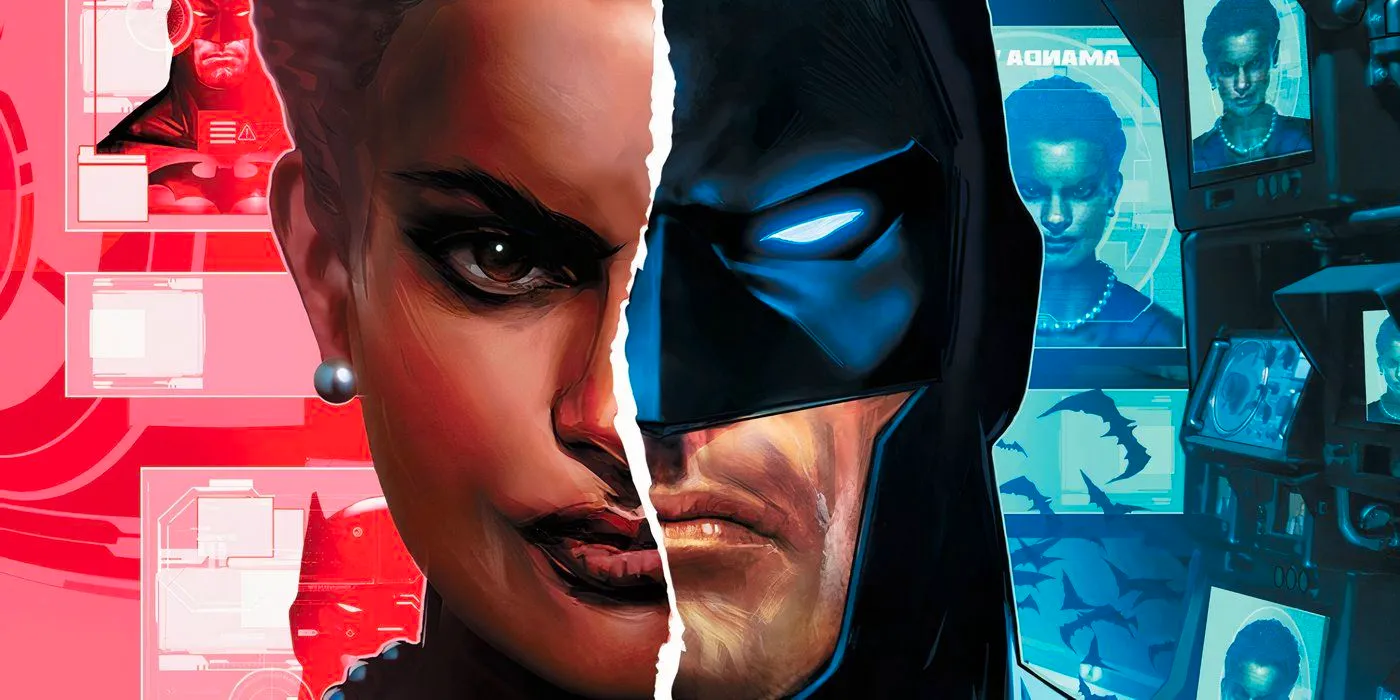 Comic book art: Batman and Amanda Waller with their faces split side by side. Image