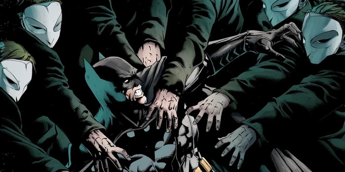 Comic book art: Batman is attacked by the Court of Owls. Image