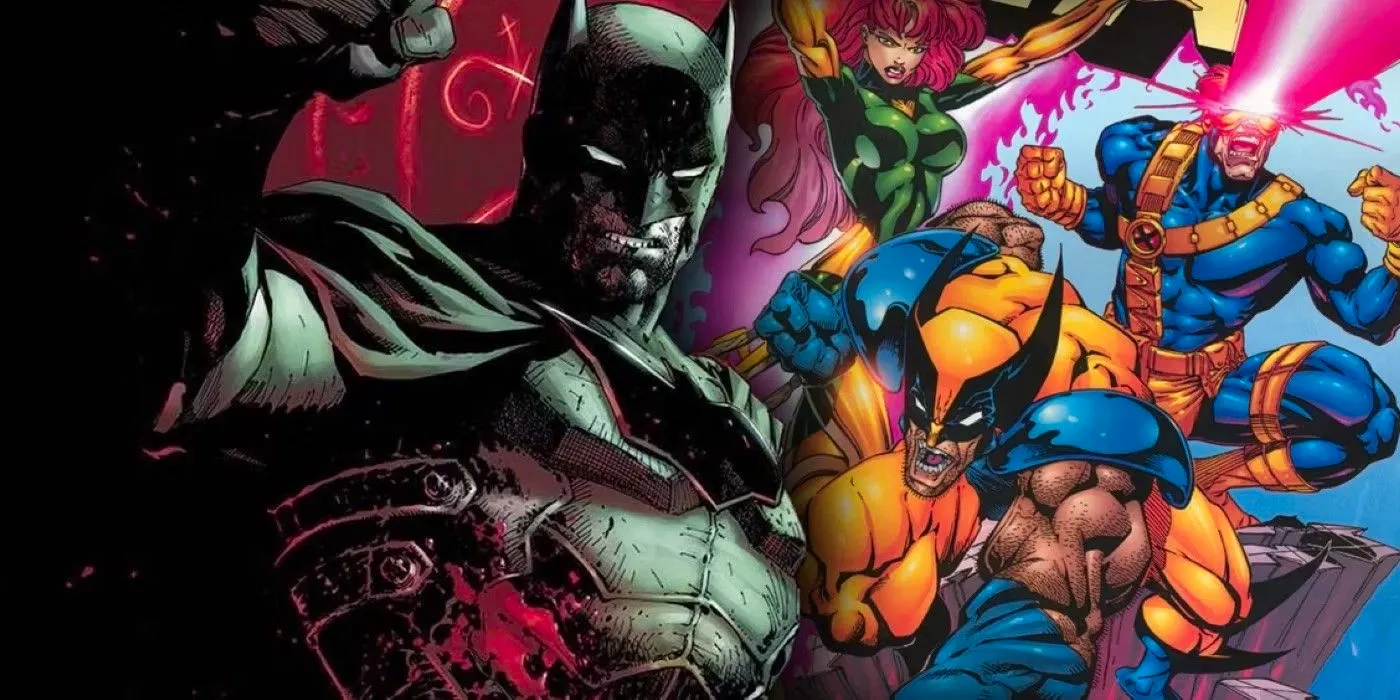 Comic book art: Batman over Wolverine, Cyclops, and Jean Grey. Image