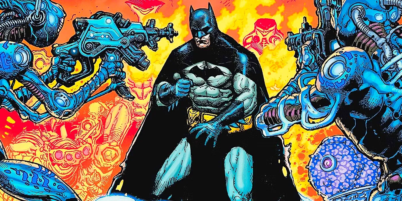 Comic book art: Batman prepares to fight aliens with guns in the middle of a fire. Image