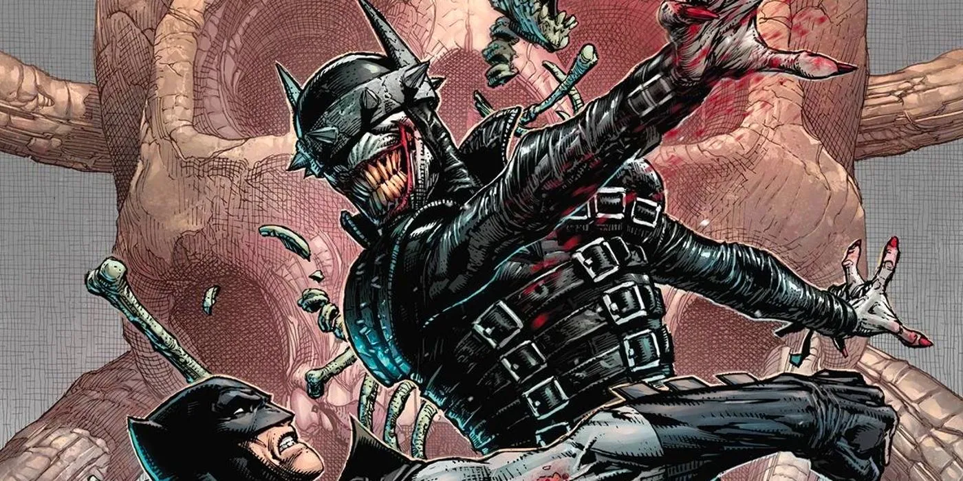 Comic book art: Batman Who Laughs attacks Batman with a sick grin. Image