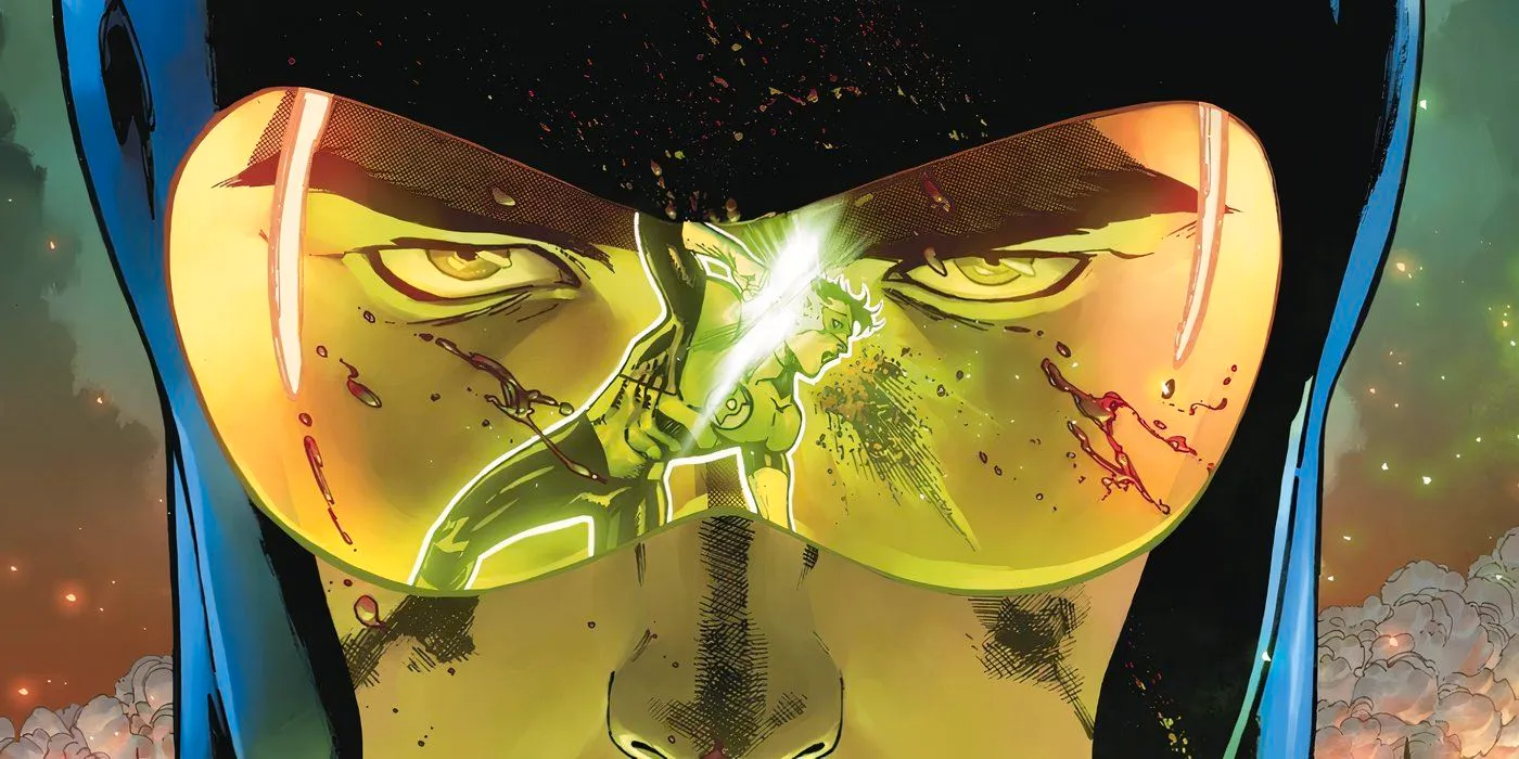 Comic book art: Booster Gold sees Green Lantern's death in the reflection of his gold visor. Image