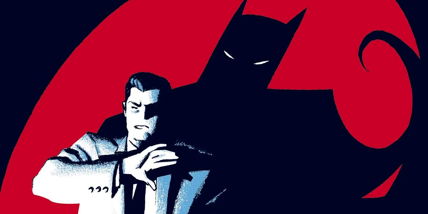 Comic book art: Bruce Wayne looks into a spotlight as a Batman shadow stretches behind him. Image