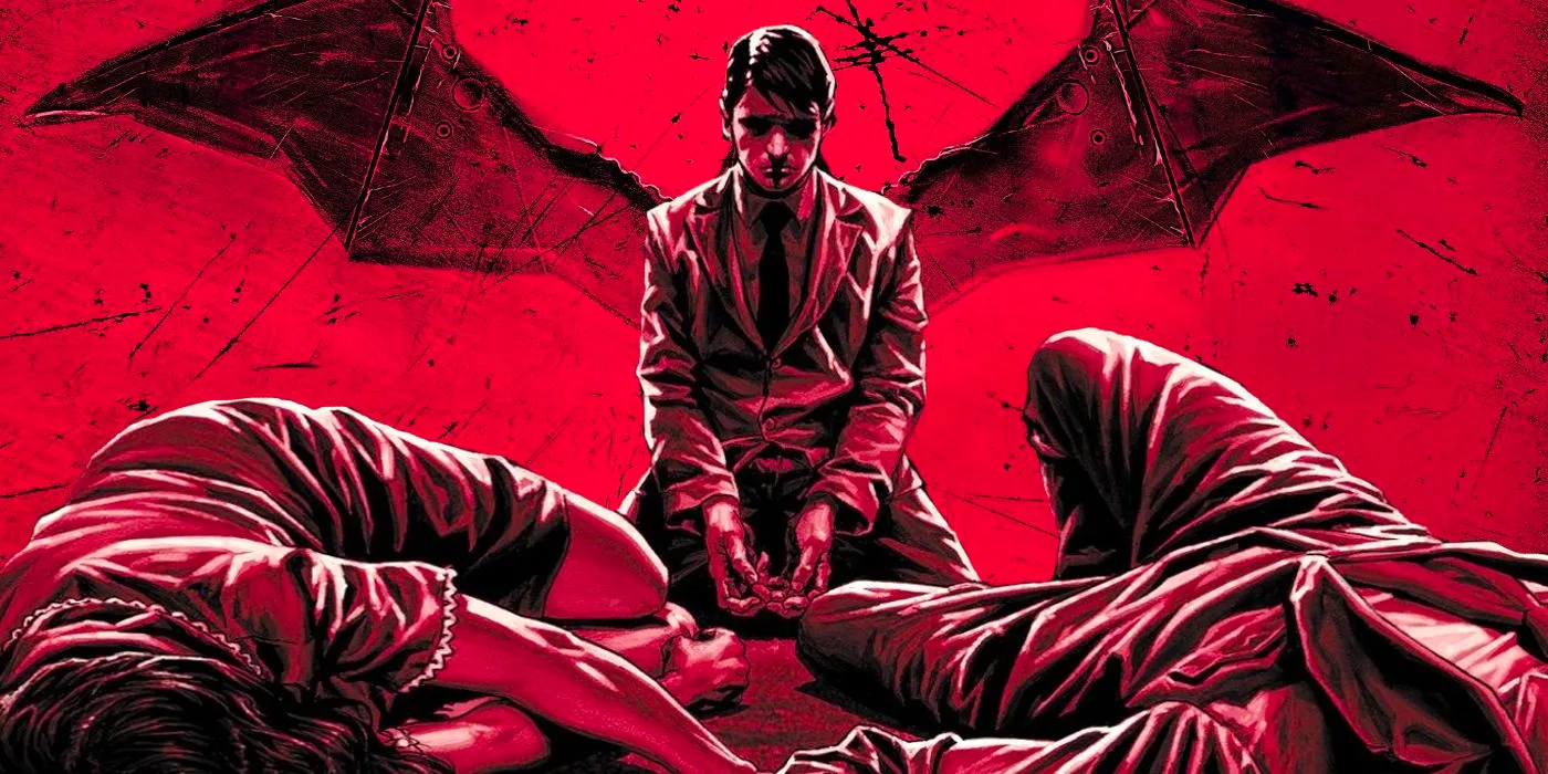 Comic book art: Bruce Wayne (with stylized Batwings drawn behind him) kneels by the bodies of his slain parents. Image