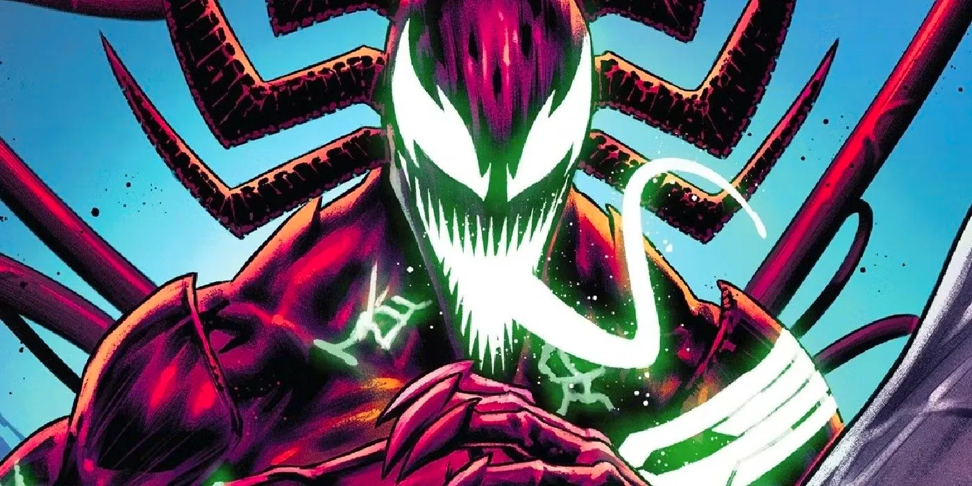 Comic book art: Carnage's god-slayer design, including new glowing green energy and a Galactus-like crown. Image