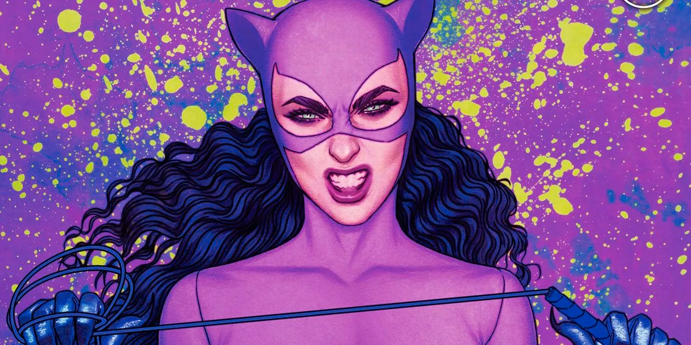 Comic book art: Catwoman grimaces in her 90s purple costume. Image