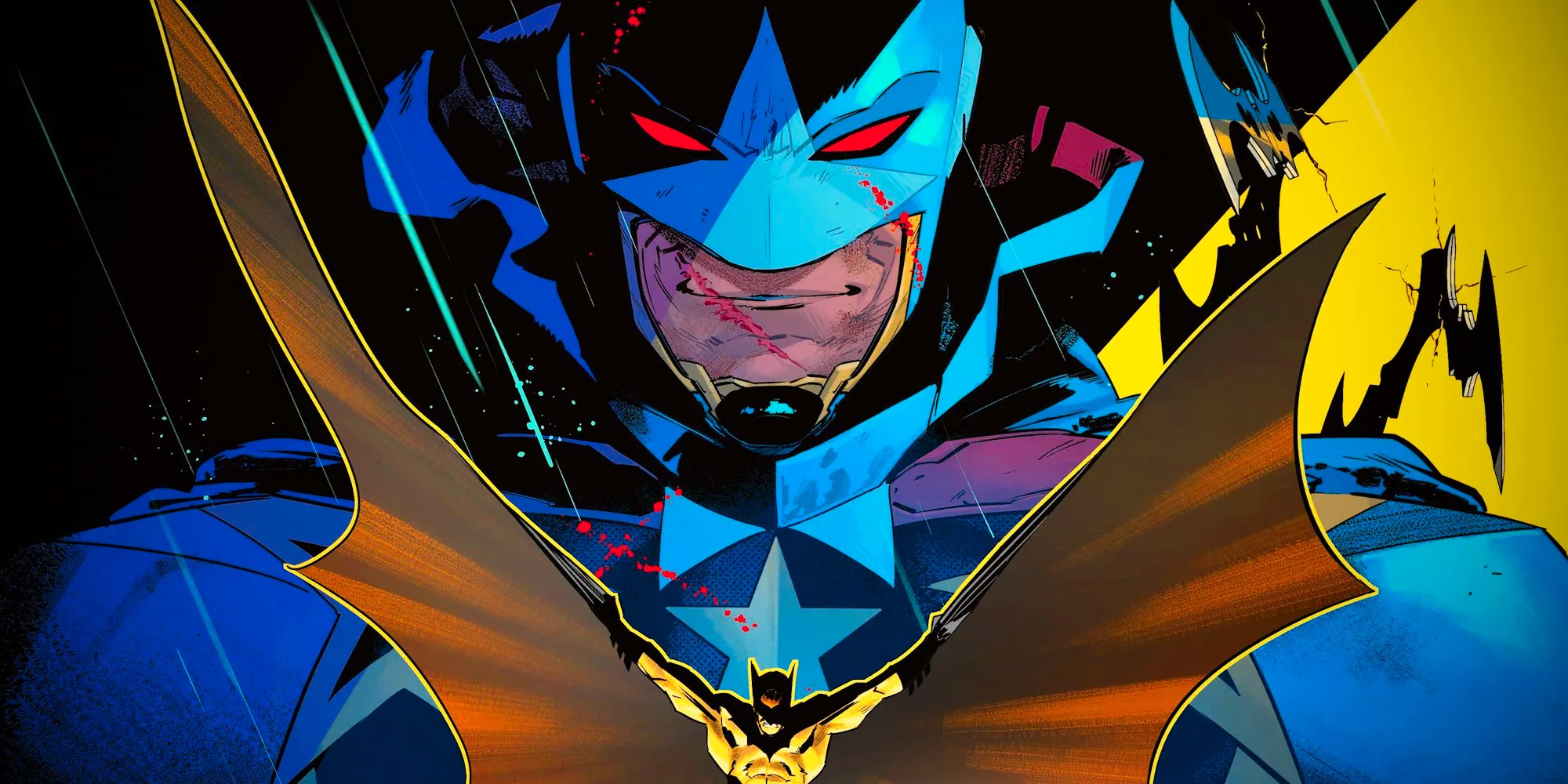 Comic book art: Commander Star smirks menacingly over a small version of Batman with his cape spread wide. Image