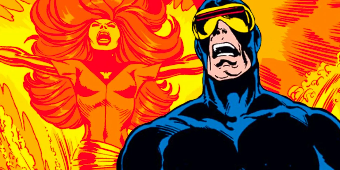 Comic book art: Cyclops screaming in front of the Dark Phoenix. Image