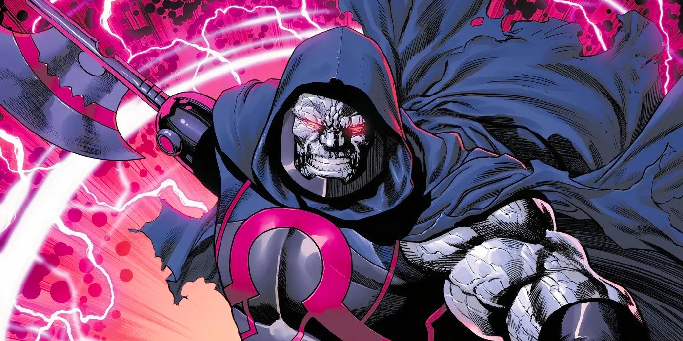 Comic book art: Darkseid appears with an axe arm in a new costume. Image