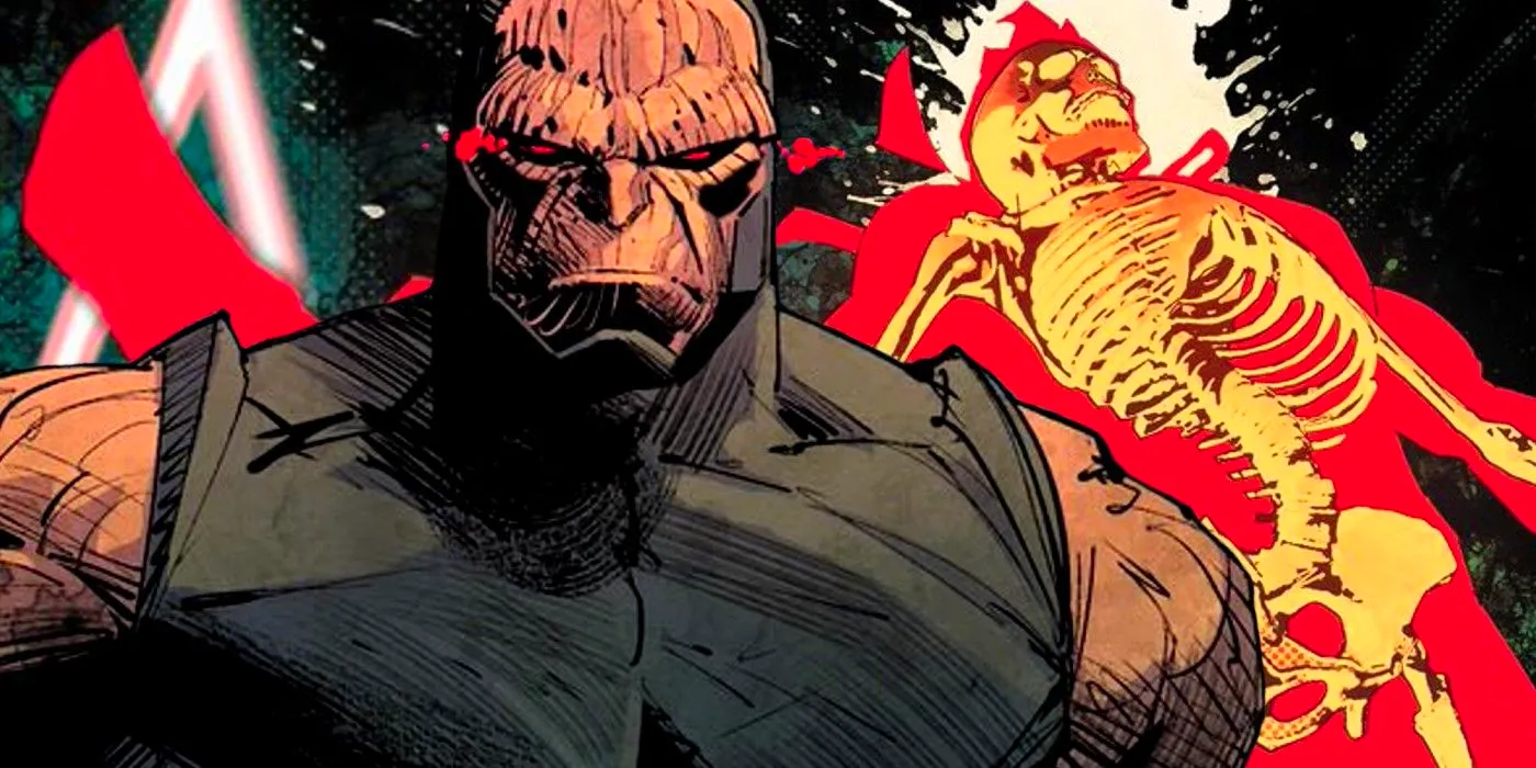 Comic book art: Darkseid in front of a burned skeleton. Image