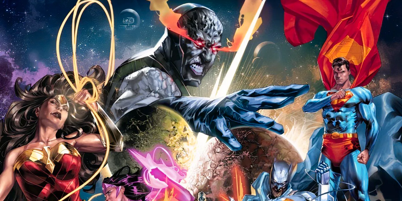 Comic book art: Darkseid looming over the heroes of the DC Universe. Image