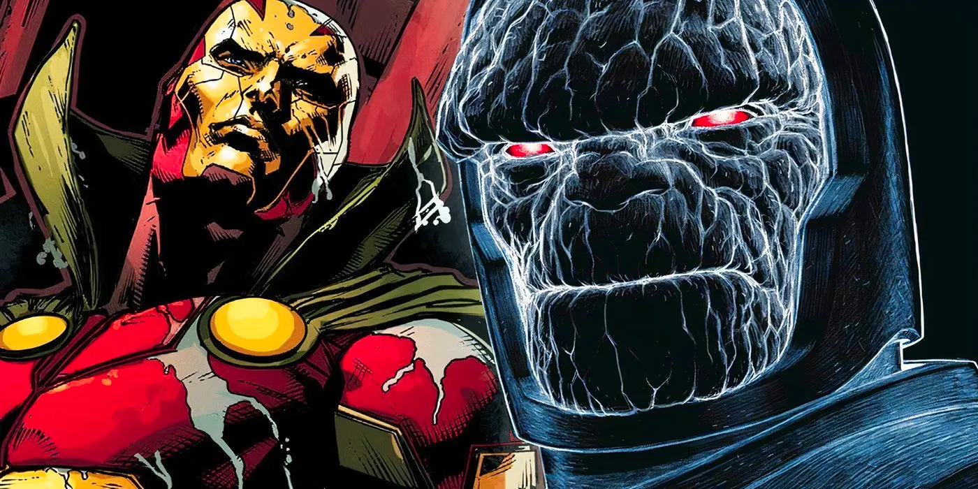 Comic book art: Darkseid stares at the viewer with Mister Miracle in the background. Image