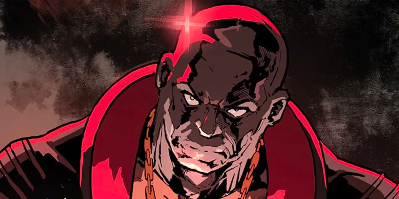 Comic book art: Destro glares menacingly at the reader. Image