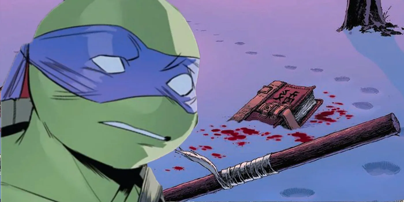 Comic book art: Donatello looks at a blood-splattered book. Image