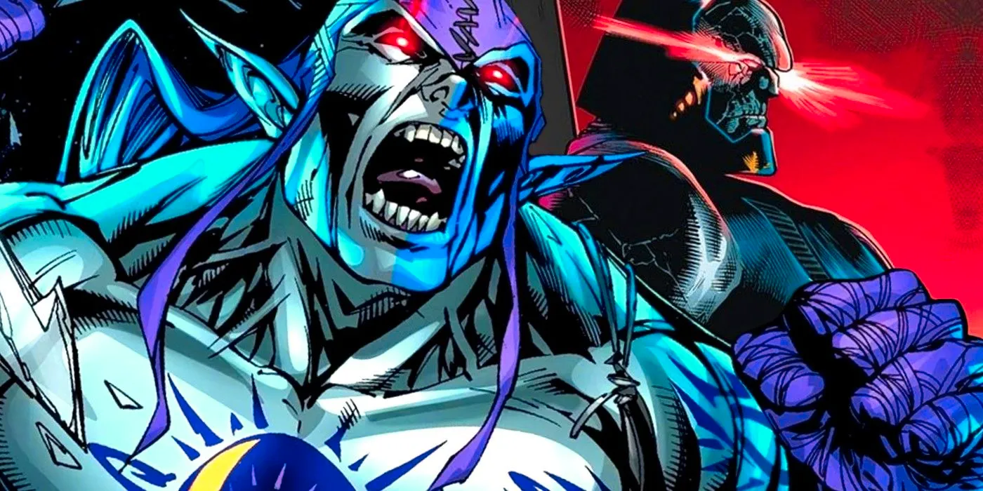 Comic book art: Eclipso screams in front of Darkseid. Image